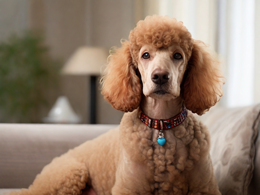 Standard poodle, IN THE HOUSE and light background