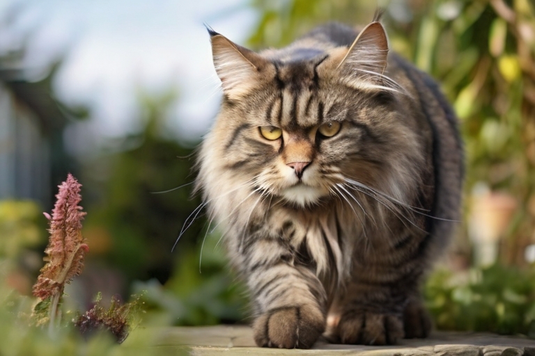 Maine coon cat in the garden, light background