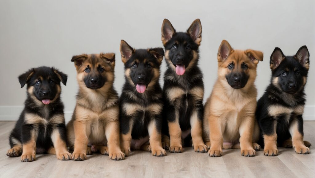 6 different german shepherd puppies, one Husky and German Shepherd Mix puppy, two White German Shepherd puppy, three 2 Black German Shepherd Puppies, four Sable German Shepherd Puppy, and the five Black and Tan German Shepherd puppy, on the same image, in the house full bodies, light background