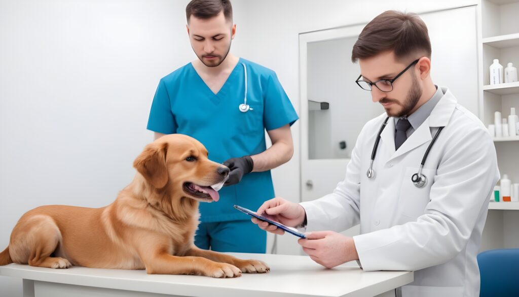 vet checking dog SMEGMA, in the clinic, light background